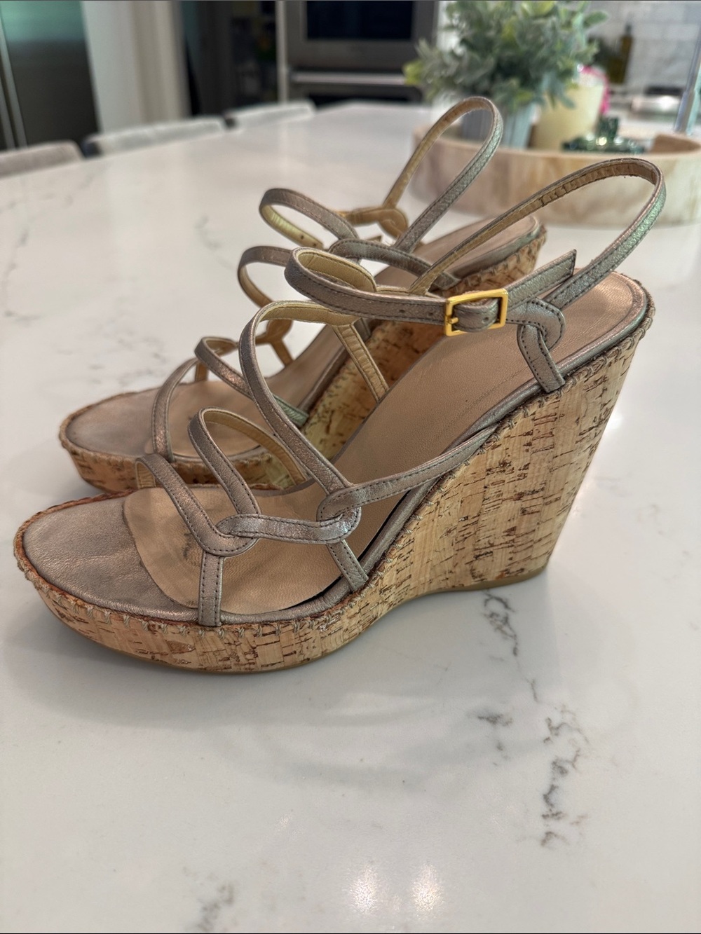 Stuart Weitzman Neutral Metallic Strappy Cork Wedge Sandals - size 7.5